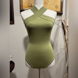 Heatherly womens bodysuit green XS cross over sleeveless wool / poly blend NWOT